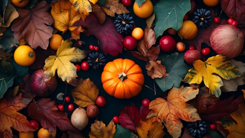 Autumn harvest flatlay with pumpkin, leaves, and fruit.
