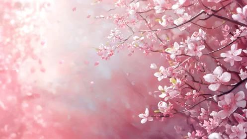 Cherry blossoms drift through pastel dreamscape. Ethereal petals dance.