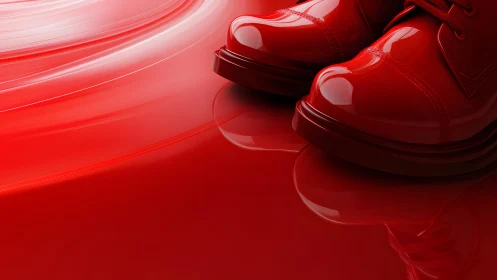 Shiny Red Dress Shoes on Glossy Red Surface, Modern Minimalist Style.