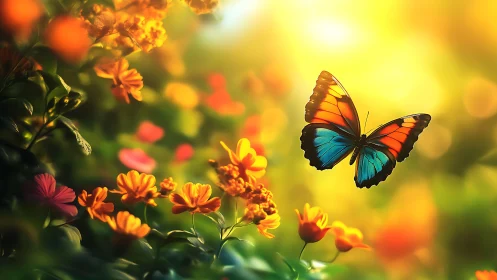 Chromatic butterfly in luminous macro flower field at dawn.