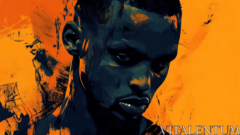 Moody digital portrait in deep blues on vivid orange field.