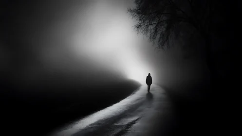 Lone figure walks a misty road into haunting white light