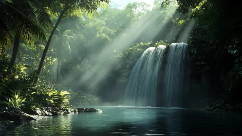 Sunlit jungle waterfall pours into a tranquil emerald pool