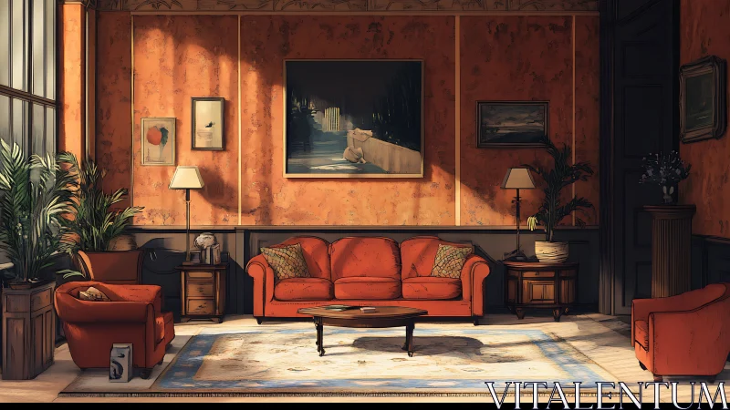 Sunlit orange lounge with cozy sofas and leafy plants.