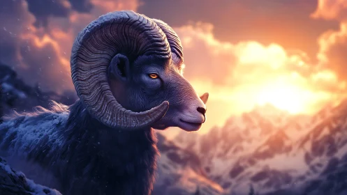 Majestic ram in glowing alpine sunset with icy horns.