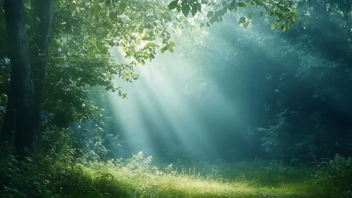 Sunbeams Filtering Through Lush Forest Canopy in Serene Morning Light.