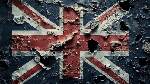 Distressed Union Jack flag with corroded textured surface.