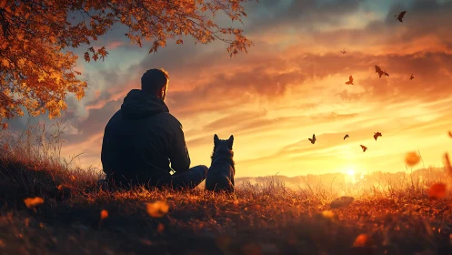 Quiet autumn sunset shared by man, dog, and drifting birds.