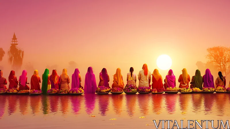 Women in Colorful Saris at Riverbank During Sunset, Vibrant Style.