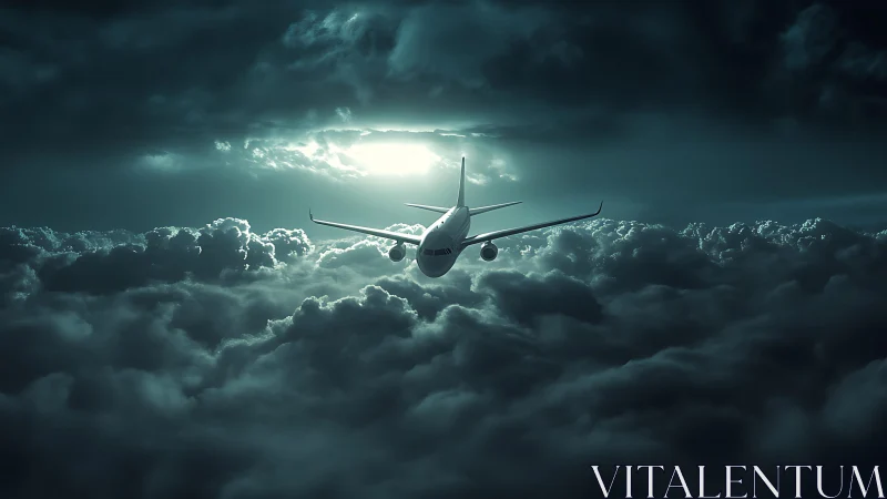 Twin‑engine jetliner cruising above storm clouds at dusk