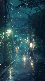 Rainy night alley with glowing streetlights and wet road.