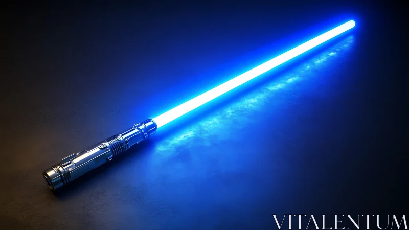 Blue energy sword glows over dark reflective ground.