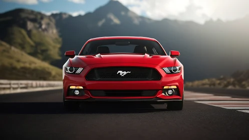 Front-on red sports coupe on mountain highway, shallow focus