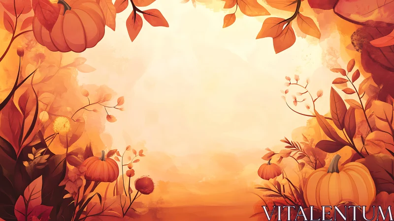 Pumpkins and autumn foliage frame warm blank background