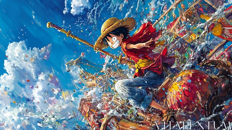 Straw hat pirate figure on ship amid dynamic ocean spray.