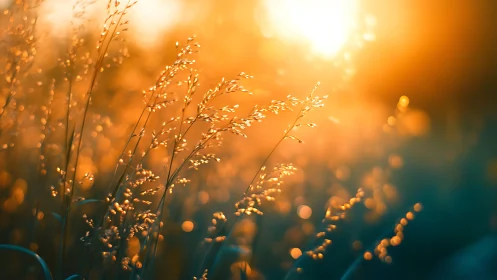 Backlit meadow grasses with golden hour bokeh illumination