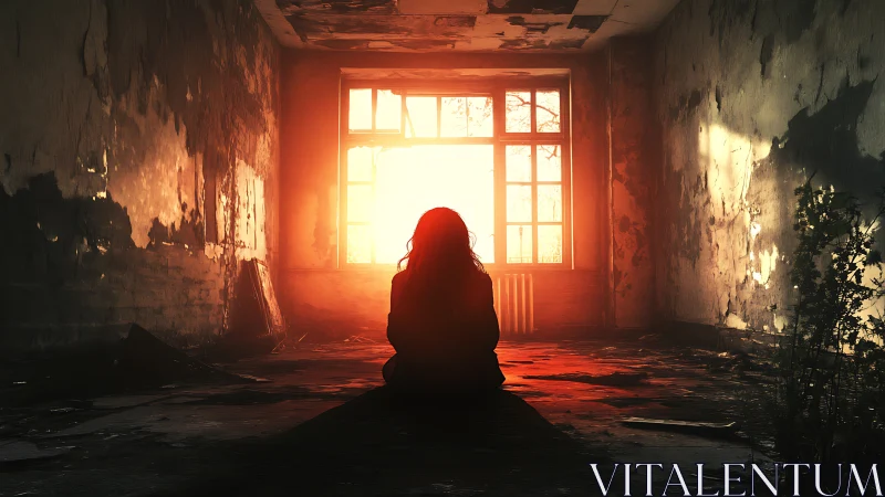 Silhouette dreamer in a ruined room of burning daylight.
