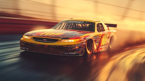 Sunset speed demon racing through molten golden asphalt.