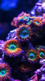 Close-up view of neon zoanthid coral polyps in aquarium reef.