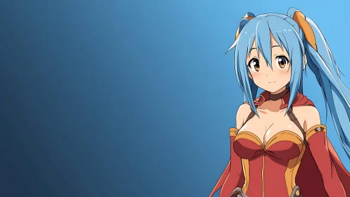 Blue haired anime girl in red fantasy outfit stands right