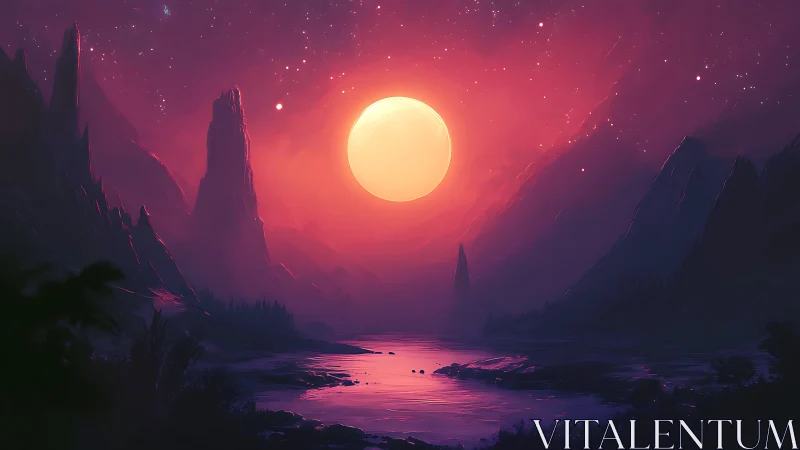 Dreamlike violet canyon beneath a glowing cosmic moon.