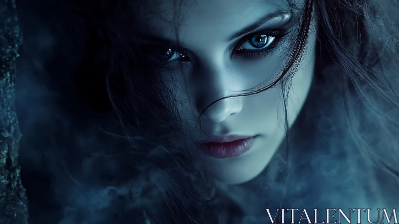 Enigmatic blue eyed sorceress emerging from silver mist.