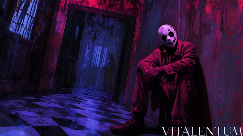 Masked watcher in a neon-soaked haunted hallway.