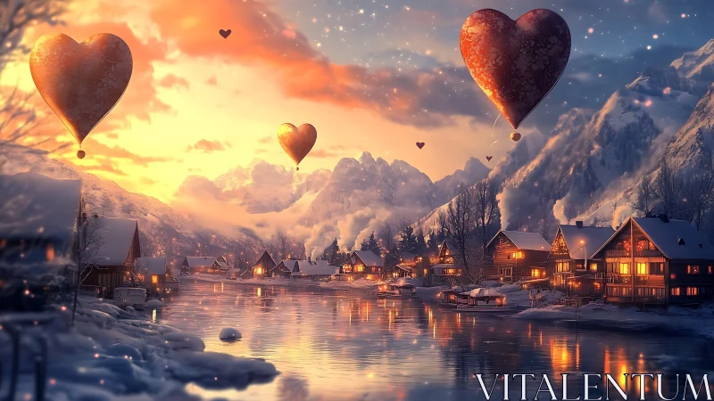 Heart-shaped hot air balloons suspended over illuminated winter valley settlement.