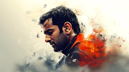 Profile study of pensive man in dynamic brushfire palette.