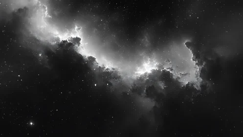 Monochrome nebula cloudscape slices luminous starfield.