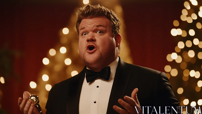 Warm holiday singer in a tuxedo under sparkling lights.