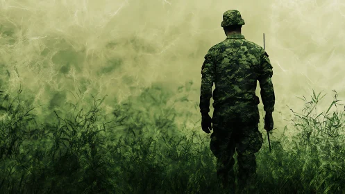 Lone soldier dissolves into misty green battlefield haze.