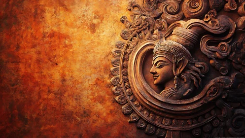 Carved relief sculpture shows ornate profile on textured wall