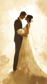 Backlit bridal couple rendered in high-contrast sepia brushwork