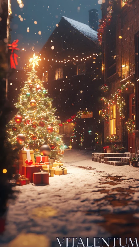Snowfall-illuminated Christmas street with luminous tree cluster.