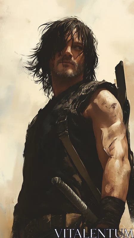 Battle-worn warrior stands armed against bright desert sky