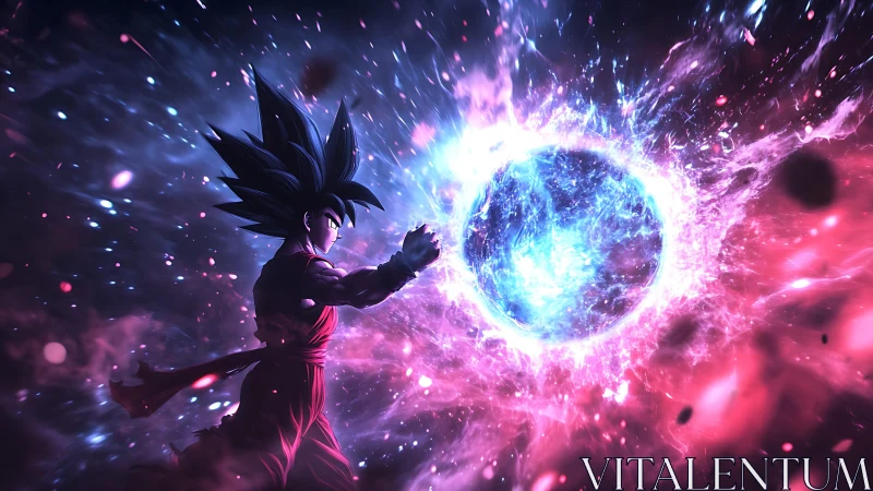 Fiery anime warrior channels a swirling cosmic power sphere.