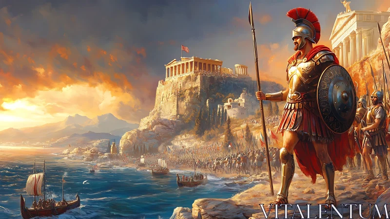 Greek hoplite guards coastal city as army gathers below