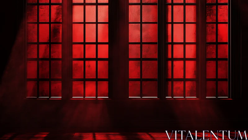 Tall red-paned windows cast strong linear light beams