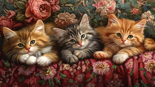 Three Fluffy Kittens Positioned Among Ornate Floral Tapestry Fabric