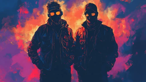 Dual masked silhouettes in chromatic inferno backlighting.
