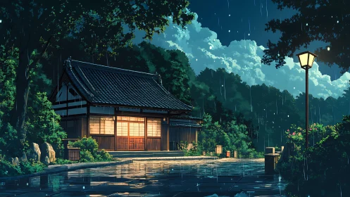 Traditional Japanese house glows warmly during summer rain