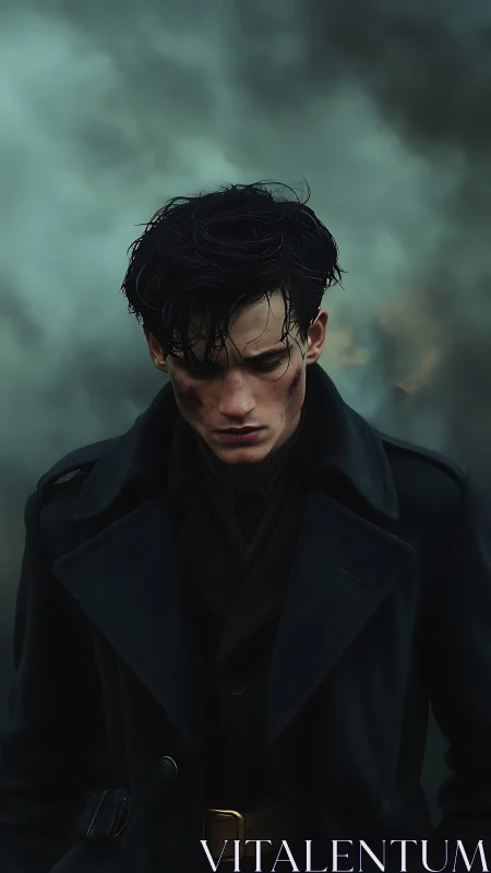 Somber battlefield portrait under dense storm haze.