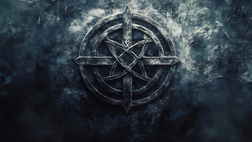 Weathered circular sigil with interlocked cross and star.