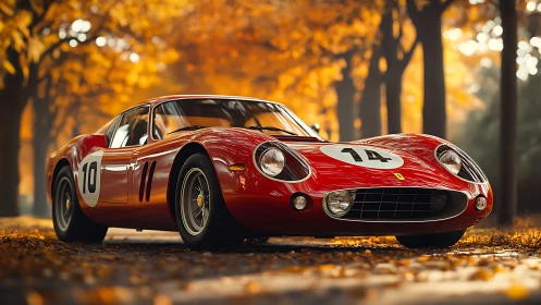Classic red race car rests under glowing autumn trees