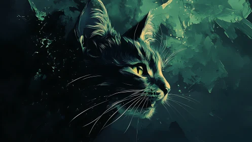 Luminous Feline Gaze Emerges from Ethereal Green Shadows.