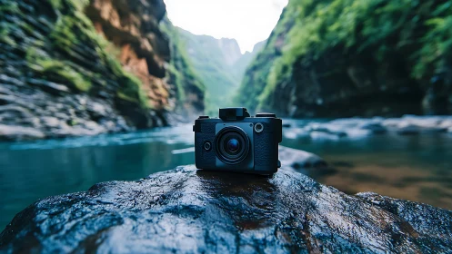 Mirrorless camera on river rock in lush canyon landscape.