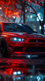 Midnight red street racer under neon rainlight glow.