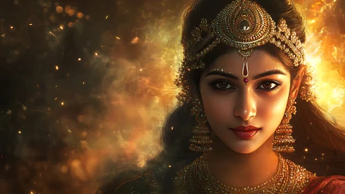 Regal goddess portrait burns with golden celestial fire.