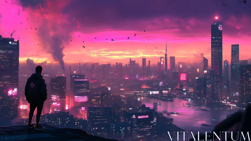 Neon dusk crowns the lone watcher above the cyber river